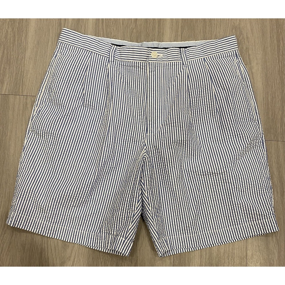 Brooks Brothers Genuine Seersucker Pleated Shorts 38 Blue White Striped Cotton